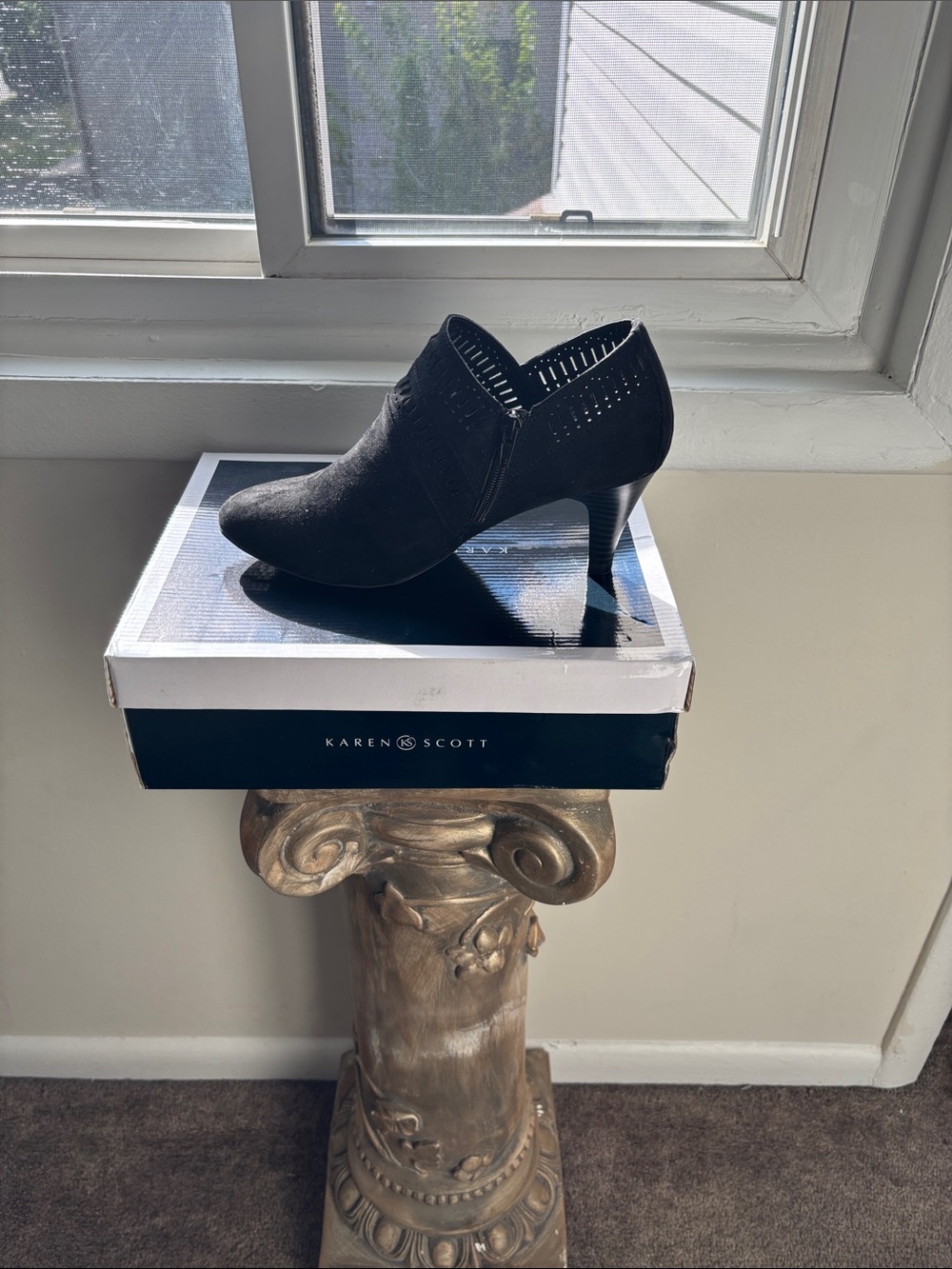 Karen Scott Black Suede-Look Ankle Booties with Cutout Detail